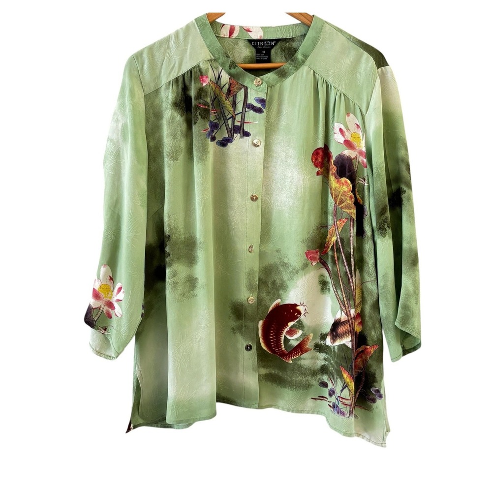 Citron Santa Monica Silk Tunic Top Womens 1X Green Koi Fish Lotus Floral Asian